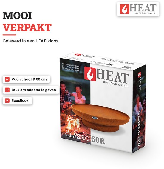 Verpakking van de HEAT Classic 60R vuurschaal, geschikt als cadeau, geleverd in een specifieke HEAT-doos.