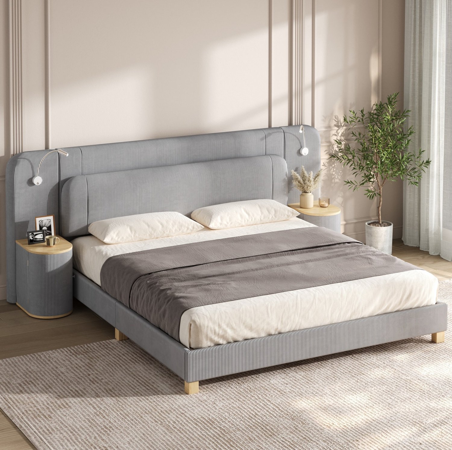 OKWISH Gestoffeerd Bed 180x200 cm - Tweepersoonsbed met Nachtkastjes - Ledverlichting en Opbergruimte - Dik Hoofdbord - Ribfluweel - Grijs