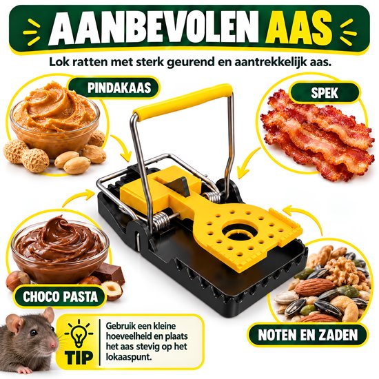 Rattenval met voorbeelden van lokazen zoals pindakaas, spek, chocopasta en noten.