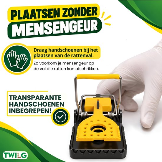 Hand met een witte handschoen die de zwarte en gele rattenval bedient om mensengeur te vermijden.