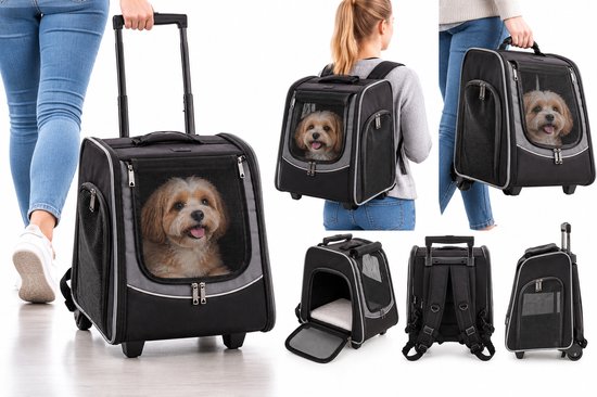 Zwarte Flamingo Calypto hondentrolley met gaasvensters, ook draagbaar als rugzak met een hondje erin.