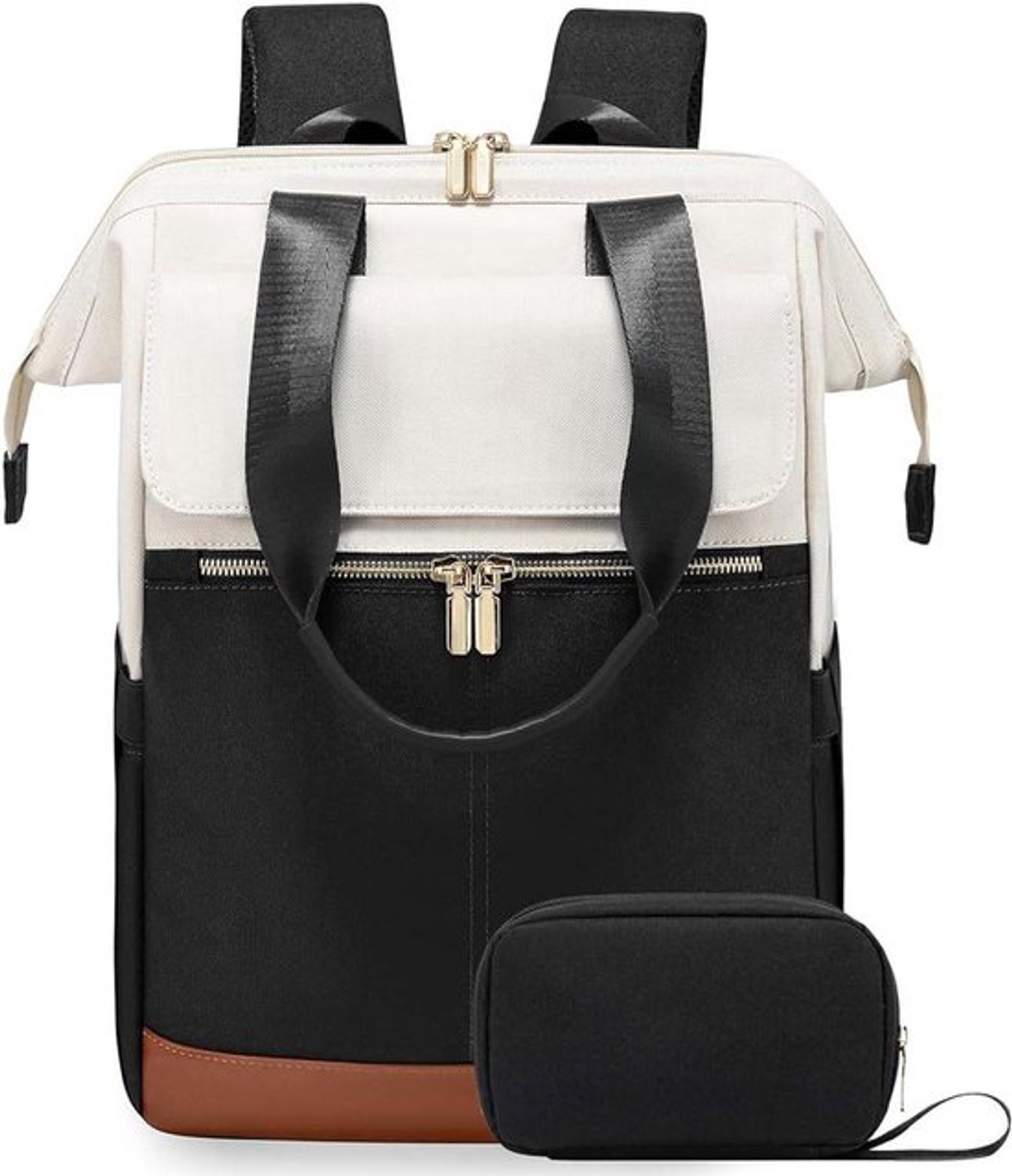 Rugzak Dames Groot, Laptop Rugzak met Laptopvak 15 Inch, Reisrugzak Dames Waterdicht, Grote Handtas Rugzak Reizen, Schooltas Modern, Zakelijke Handbagage voor Reizen Vakantie Kantoor gebroken wit en zwart