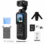 SolutionMarket® Pocket Camera 4K Ultra HD - Action Camera met 330° Draaibare Lens - Vlogcamera - 64MP - Gezichtstracking - WiFi - Touchscreen - 64GB SD-Kaart - USB-Kaartlezer