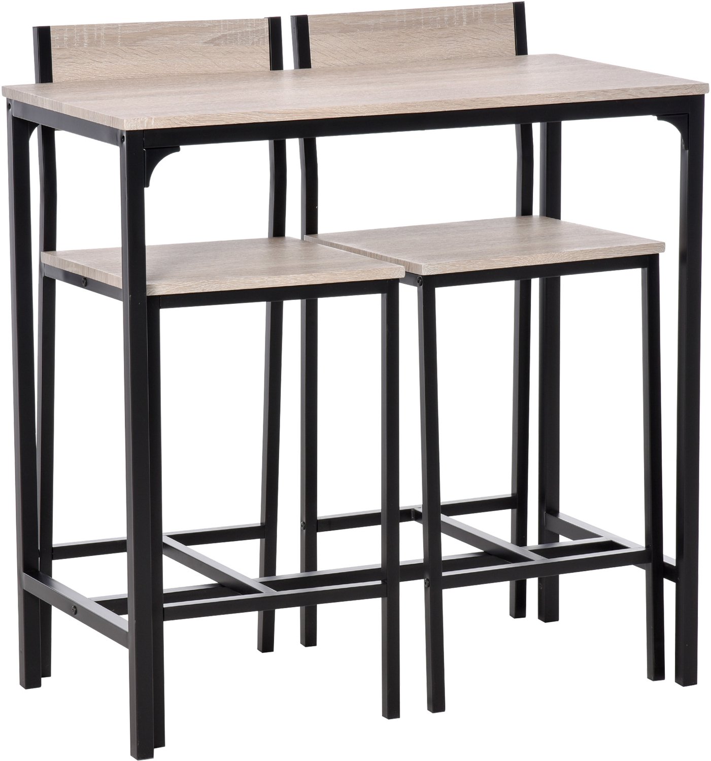 Bartafelset , houtkleur, metalen frame, bartafel met 2 barkrukken, set met één tafel en twee stoelen, praktisch en decoratief, geschikt voor eetkamer, voor maaltijden en gezellig samenzijn thuis,89 x 45 x 87 cm (tafel); 39 x 43 x 95 cm (kruk)