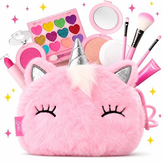 Roze pluizige eenhoorn-tas met make-up set, hartvormige oogschaduwpalet, kwasten en lipgloss.