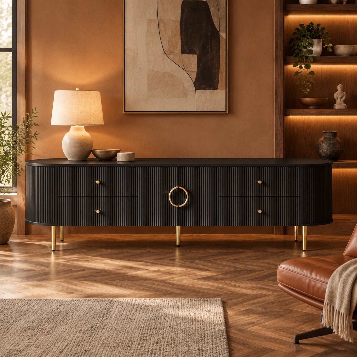Wishdor Tv-meubel - Driedimensionale golfstructuur en afgeronde randen - Lades en dubbele deuren - Vaste legplank en kabeldoorvoer - Modern - MDF - Zwart - 180 x 40 x 38 cm
