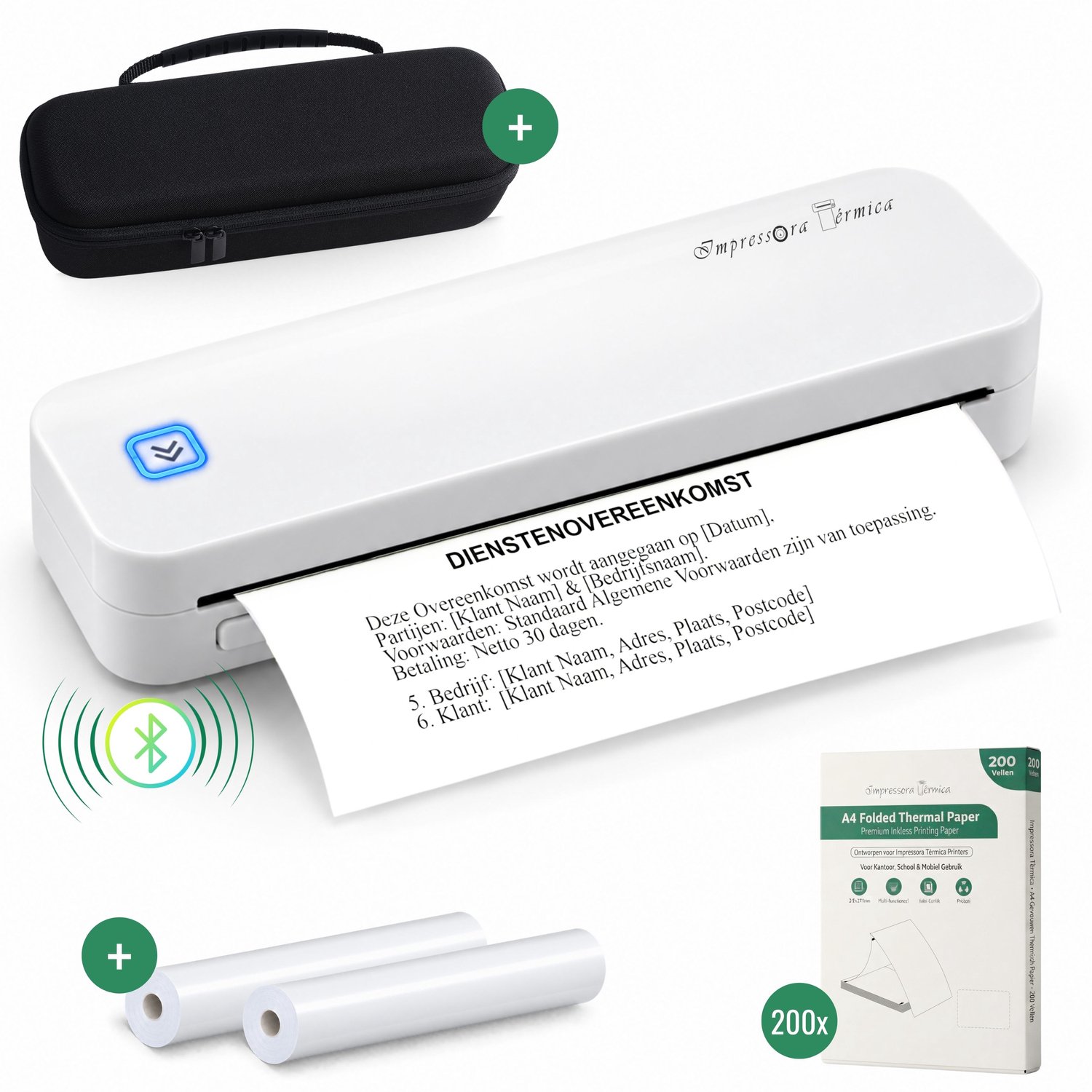Impressora Térmica® - Thermische A4 printer - Combideal met Draagtas + 200 Vellen Thermisch Papier + 2 papierrollen - Mini Printer voor Mobiel/Tablet/Laptop - 304 DPI - Pocket Printer - Tattoo printer - Wit