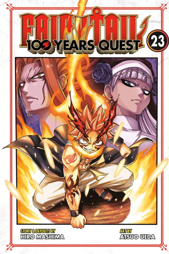 Manga cover Fairy Tail: 100 Years Quest deel 23 met Natsu omringd door vuur en twee andere personages.