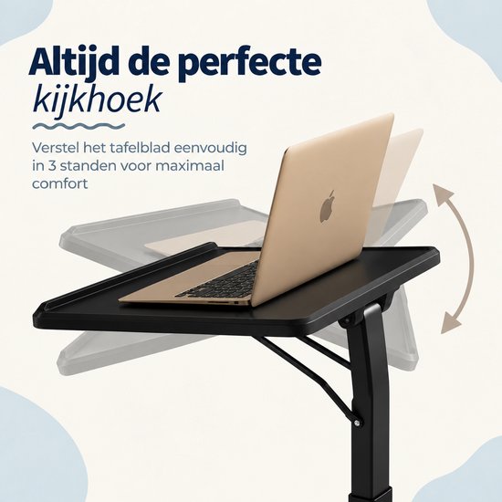 Zwarte laptoptafel met in 3 standen verstelbaar blad voor de perfecte kijkhoek.