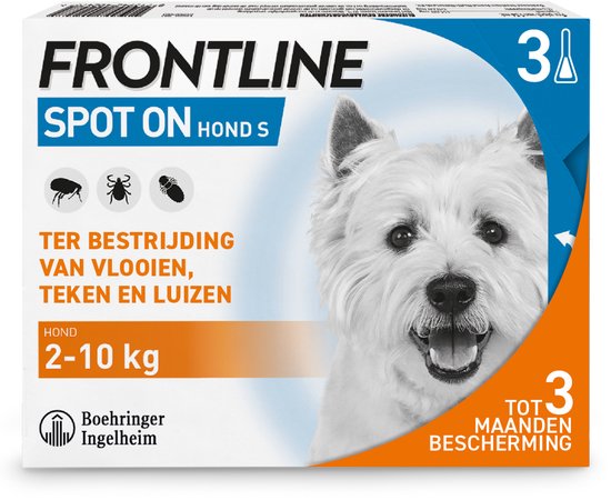 Frontline Spot On Hond S verpakking met West Highland Terrier, ter bestrijding van vlooien, teken en luizen voor 2-10 kg.