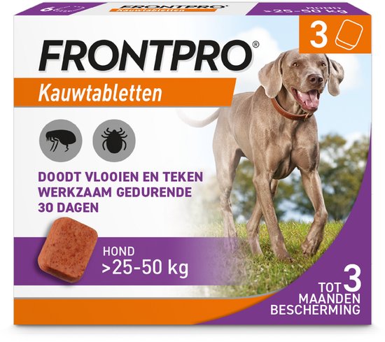 Frontpro kauwtabletten voor honden van 25-50 kg. Verpakking met 3 tabletten voor 3 maanden bescherming tegen vlooien en teken.