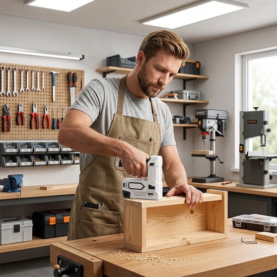 Man met beige schort gebruikt een wit-zwart nietpistool op een houten frame in een werkplaats.