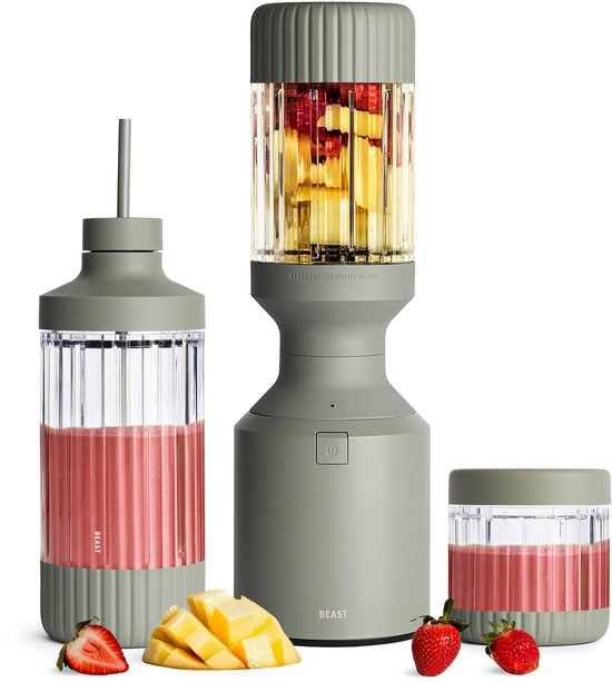 BEAST Mega 1200 Plus Compacte Hoogvermogen Blender Smoothie To Go - 1200W - 3 XL Tritan Bekers - Mixt Moeiteloos IJs & Bevroren Fruit - Salie