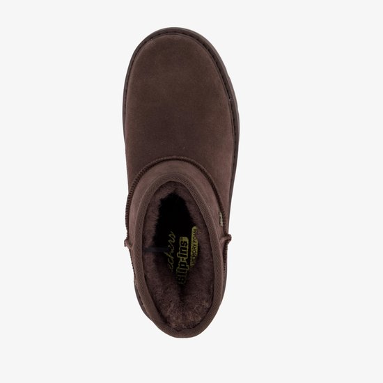 Bruine suède Skechers Slip-ins enkellaars met zachte bruine voering en geheugenschuim binnenzool, bovenaanzicht.