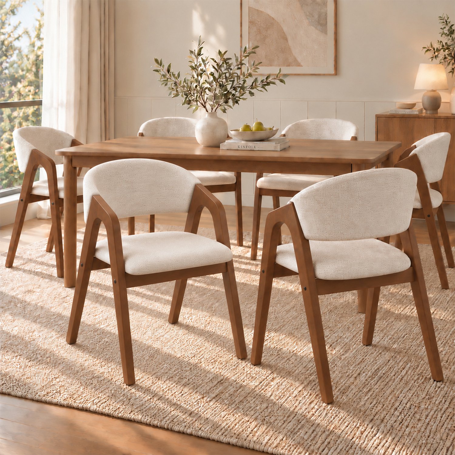 OKWISH Eetkamerstoelen - Set van 4 met Armleuningen en Zachte Zitting - Voor Eetkamer, Woonkamer en Café - Hout en Linnen - Walnootbruin en Haverbeige Walnootkleur