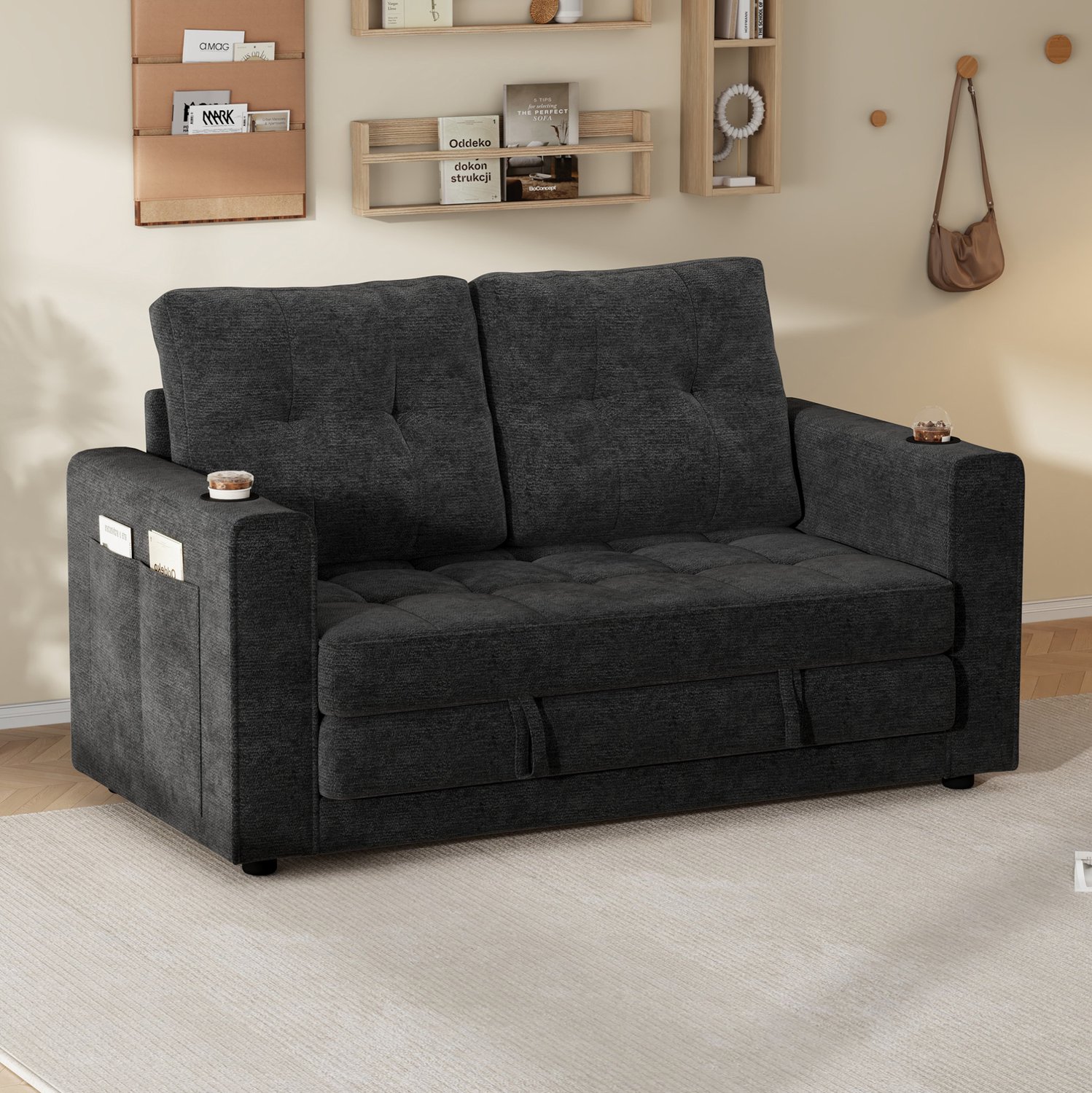 STILVORA Slaapbank 141 x 79 x 93 cm - Uitklapbaar met Bekerhouders en Zijvakken - Voor Woonkamer en Logeerkamer - Chenille - Grijs