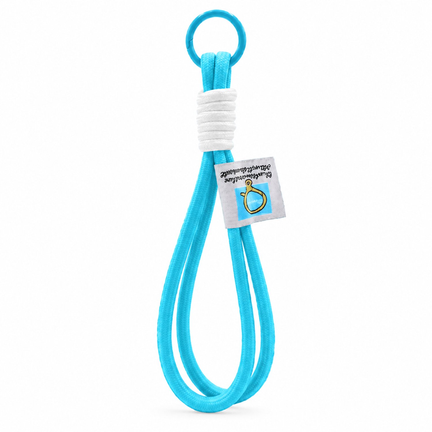 Telefoonkoord blauw - Kort gevlochten nylon polskoord met dubbele lus, witte wikkeling en ronde bevestigingsring