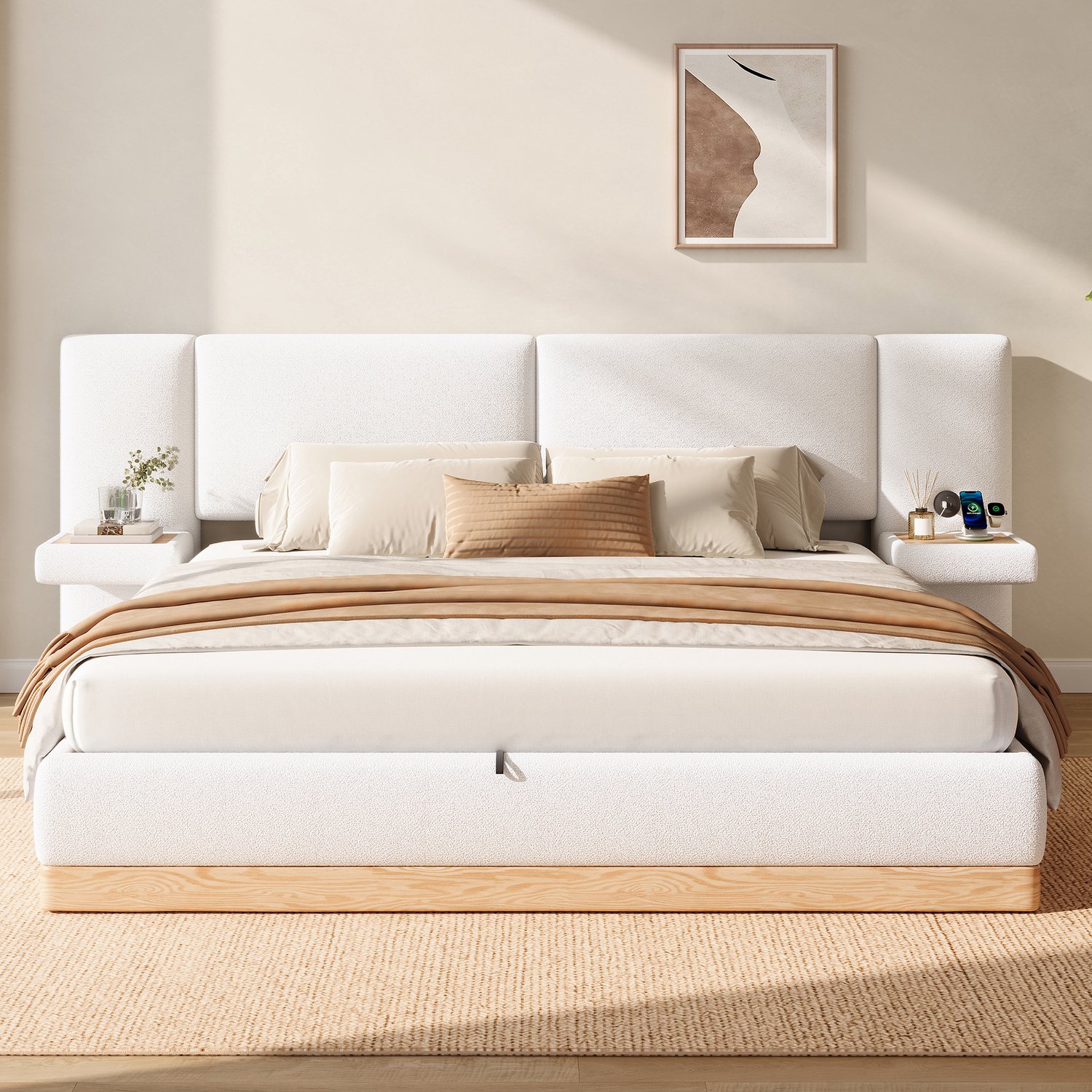 OKWISH Gestoffeerd Bed 180x200 cm - Hydraulische Opbergruimte - Zijplanken met Oplaadaansluitingen - Tweepersoonsbed van Teddystof - Wit en Naturel