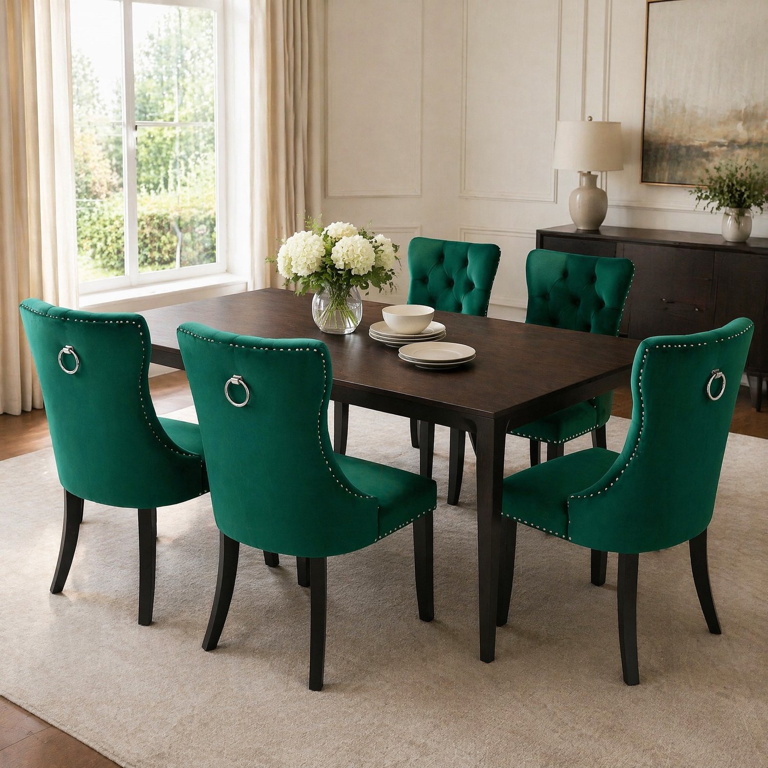 MODENUIT Eetkamerstoelen 50 x 62 x 95 cm - Set van 2 met Hoge Rugleuning - Eetkamer - Fluweel en Hout - Groen