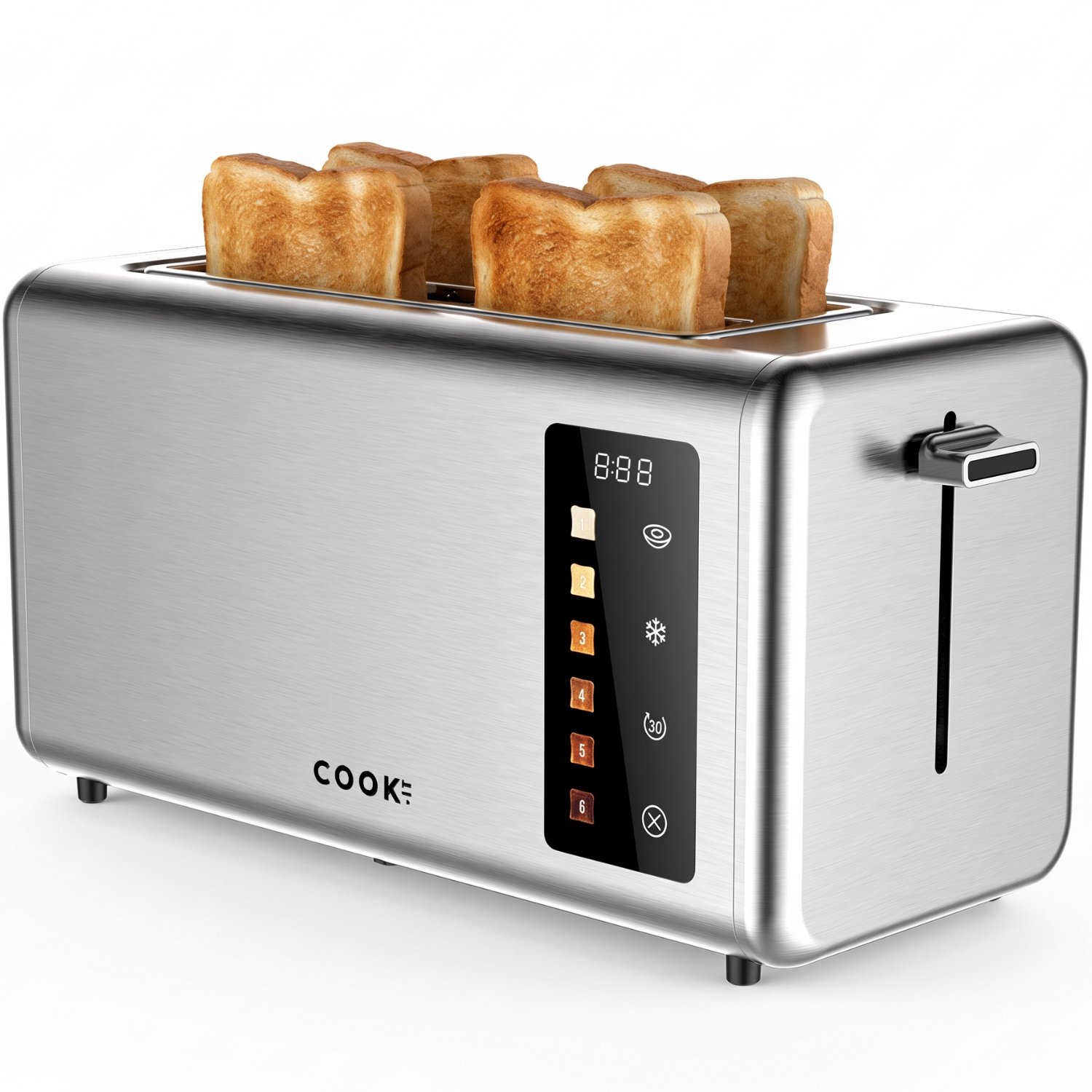 COOK-IT Broodrooster XL – 4 Sneetjes – Extra Brede Lange Sleuf – LED Display met Timer – 6 Bruiningsstanden – 1400W