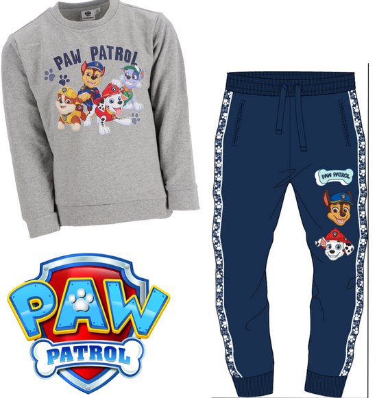 Grijze sweater en navy joggingbroek met Paw Patrol print en logo, inclusief Chase, Marshall en Rubble figuren.