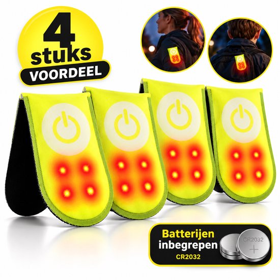 Set van 4 neongele LED-magneetclips met rood licht en aan/uit-knop, inclusief CR2032-batterijen.
