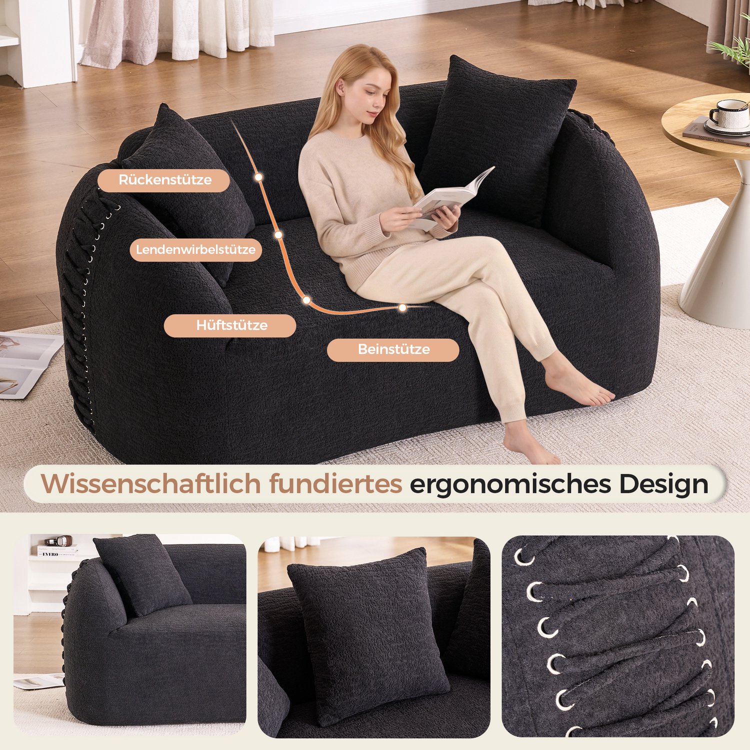 OKWISH Zitbank 155 x 90 x 67 cm - Gebogen 2-Zitsbank met Sierkoord en 2 Kussens - Voor Woonkamer en Slaapkamer - Chenille - Zwart