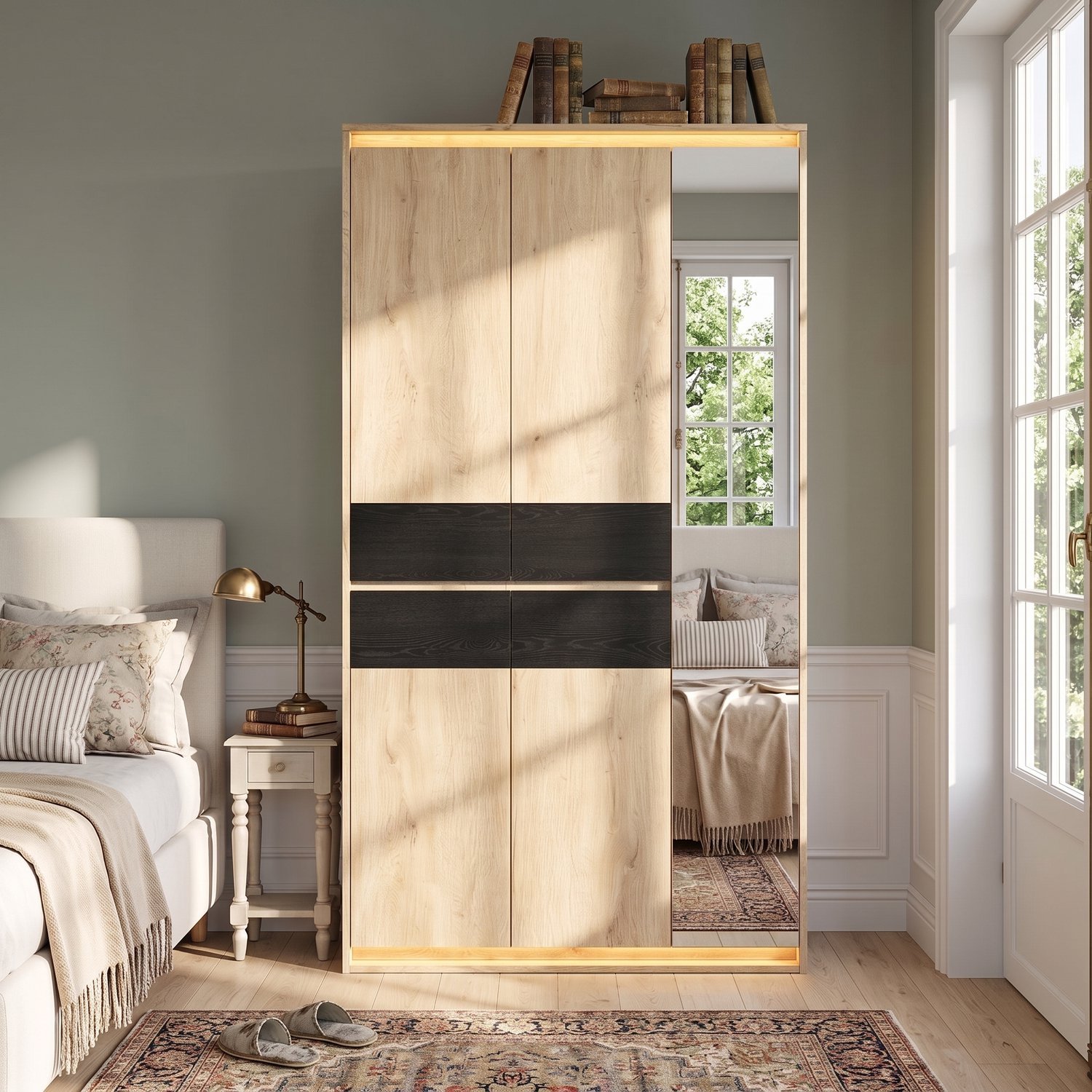 Clruro Kledingkast - 110×47×200 cm - Spiegel en LED - 4 Laden - MDF - Antraciet/Eikenkleur Hout