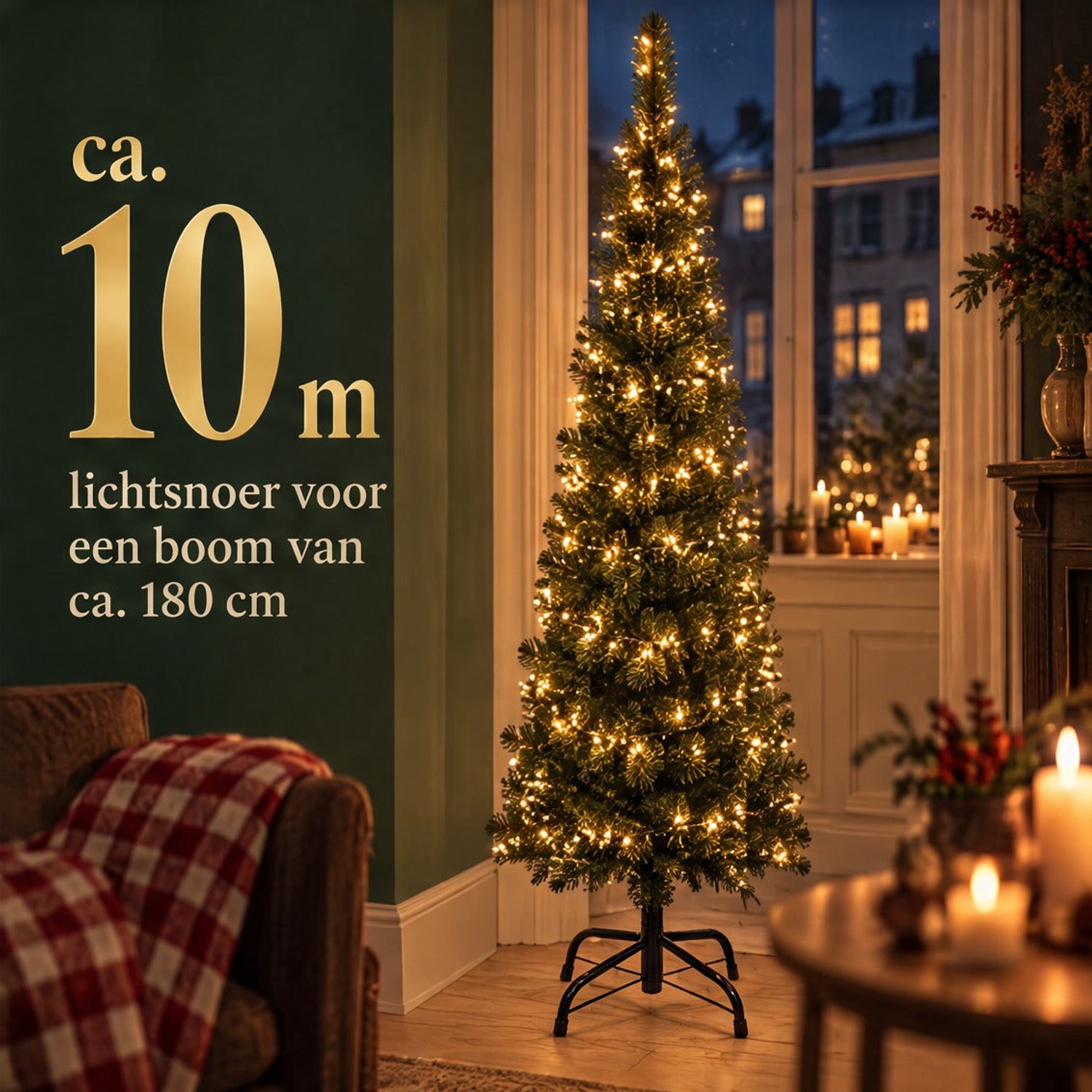 Cheqo® Smalle Kunstkerstboom 180 cm met Verlichting Warm Wit - Kerstboom met Verlichting - Dimbare Kerstboomverlichting 560 LED - Kerstlampjes - Cluster Kerstverlichting - Lichtsnoer - LED Kerstboom - Smalle Kerstboom – foto 7