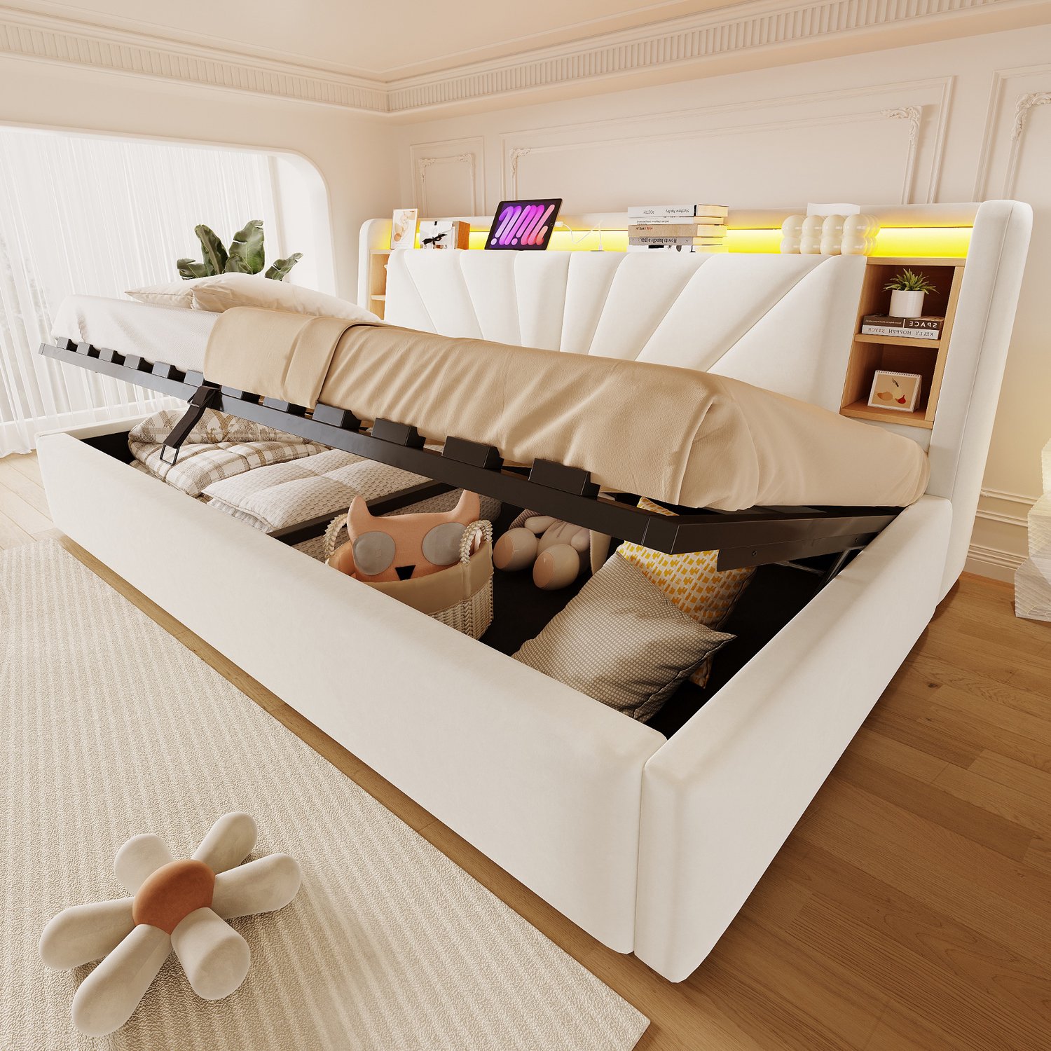 Wishdor Slaapbank 90x200 cm - Hydraulische opbergruimte onder het bed - Rugleuning met vakken en legplank - LED-verlichting en USB-aansluiting - Fluwelen bekleding - Beige - Voor slaapkamer woonkamer en logeerkamer Wit