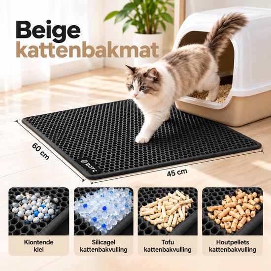 Beige kat stapt uit kattenbak op een zwarte 60x45cm mat, geschikt voor diverse soorten vulling.