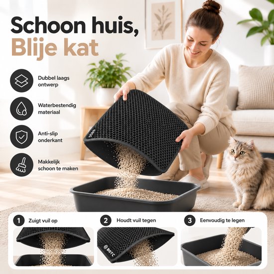Vrouw leegt een zwarte dubbellaagse kattenbakmat in een kattenbak met een kat ernaast.