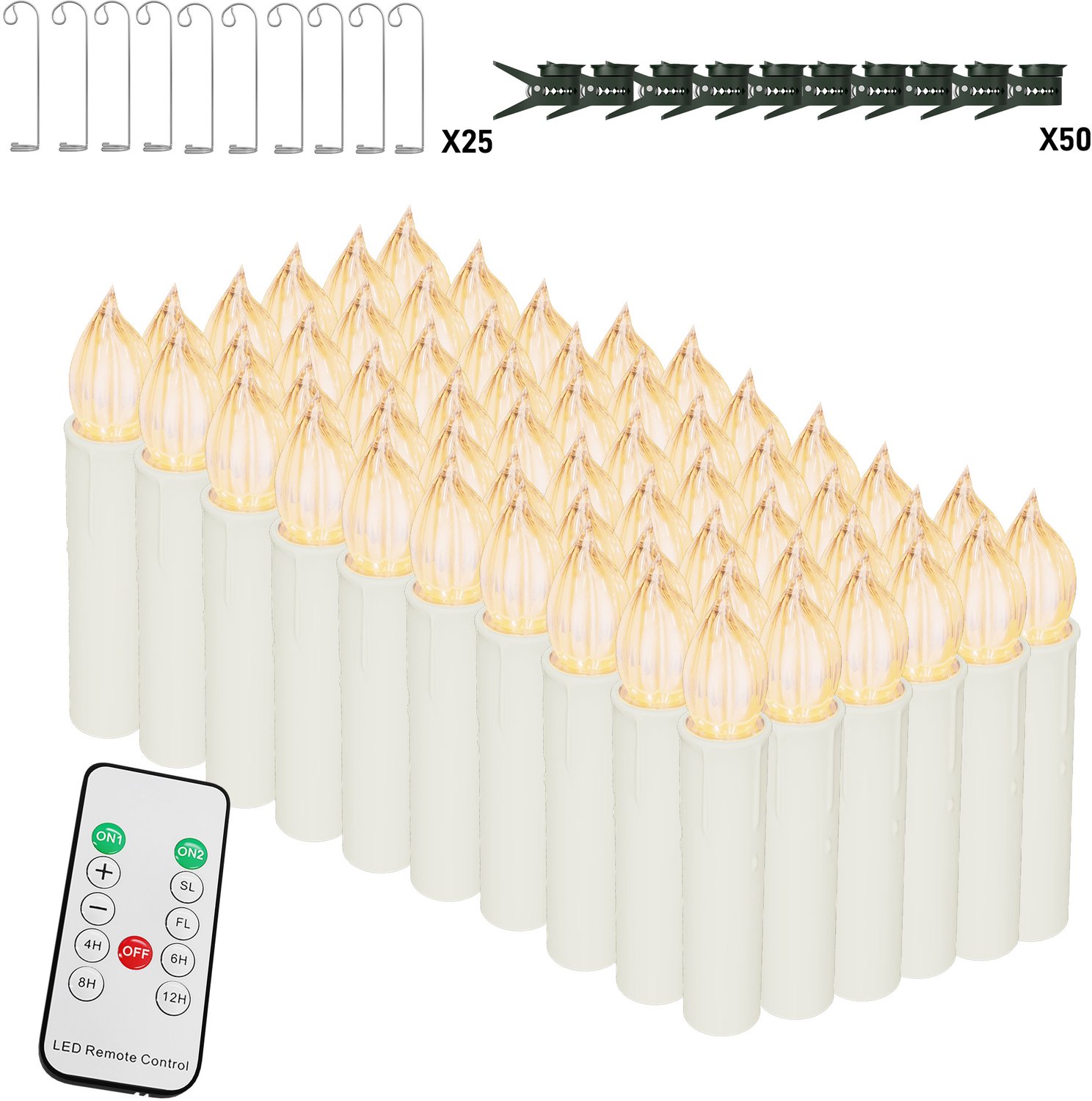 NAIZY LED Kaarsen 50 Stuks - Warm Wit - Kerstboomkaarsen met Clip - Timer & Afstandsbediening - IP44 - Zonder Batterijen - NAIZY Warm wit licht