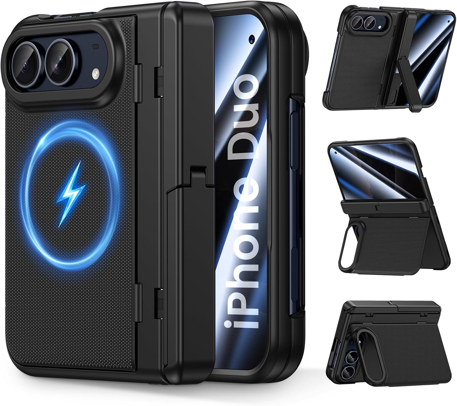 Zandarix Hoesje Geschikt voor Apple iPhone Duo - Back Cover Hoesje - Scharnierbescherming - Privacy Screen Protector - Geschikt voor Mag - Full 360 Graden - Dual Kickstand - Zwart