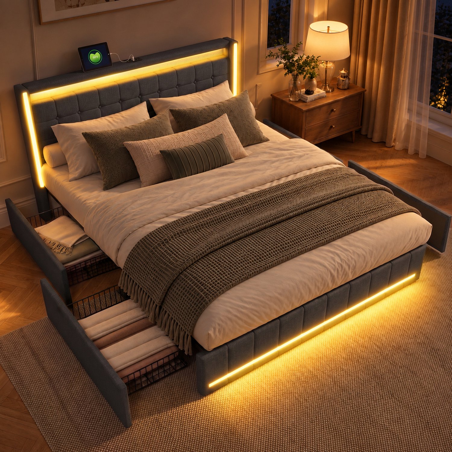 MEXUS Gestoffeerd Bed 140x200 cm met LED-Verlichting & USB Type-C – Tweepersoonsbed met 4 Laden, Opbergruimte & Lattenbodem – Linnen Grijs – Zonder Matras