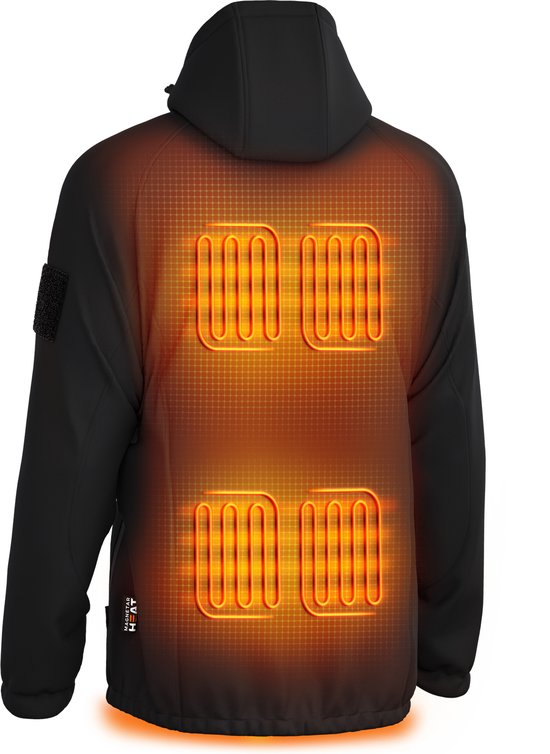 Achterkant van zwarte softshell jas met vier oranje verwarmingselementen op de rug en Magnetar Heat logo.