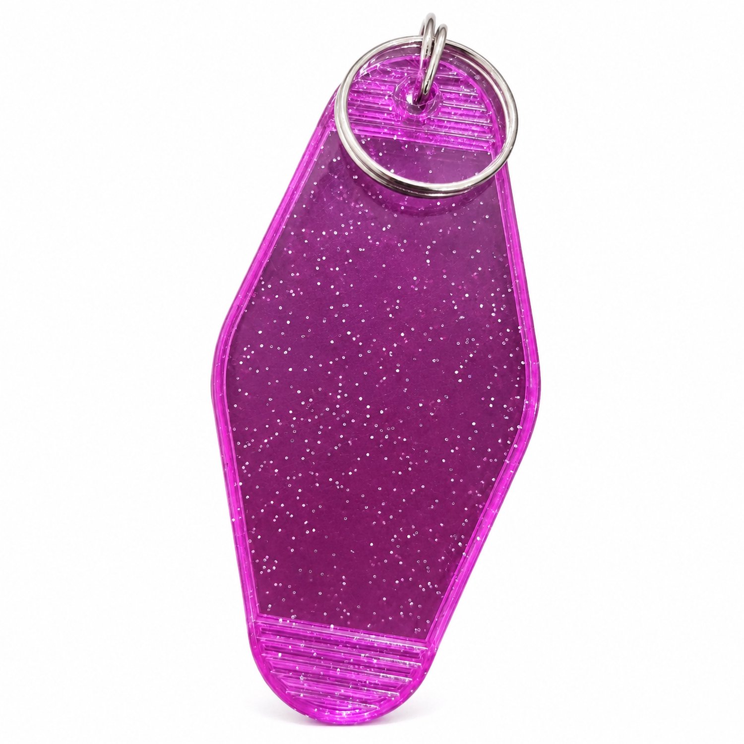 Sleutelhanger van kunststof, halftransparant paars met glitter, langwerpig ruitvormig motellabel met sleutelring