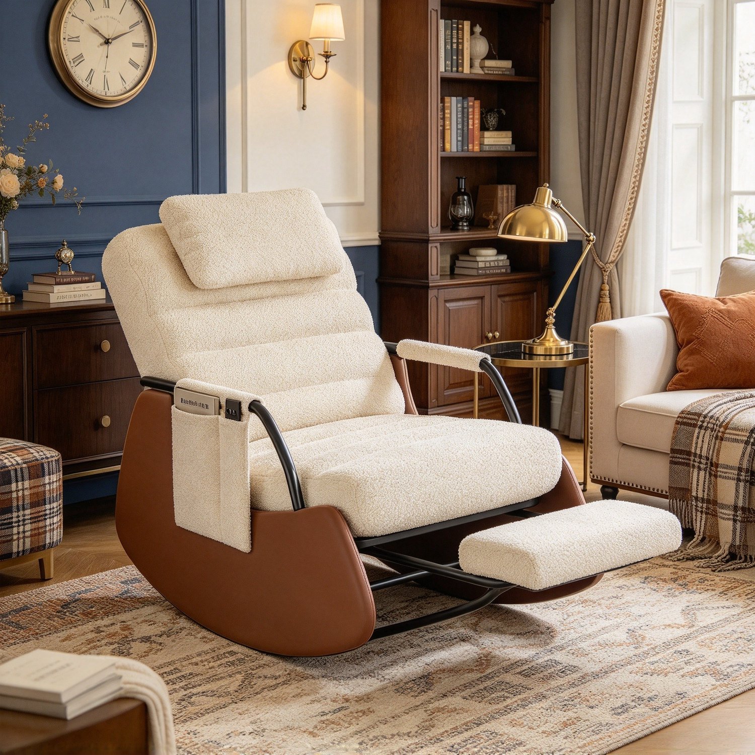 ROSAHQNDA Schommelstoel 63x91,5x92 cm, verstelbare rugleuning met voetensteun en hoofdsteun, comfortabele fauteuil met armleuningen voor woonkamer, slaapkamer en lezen, teddy stof, beige