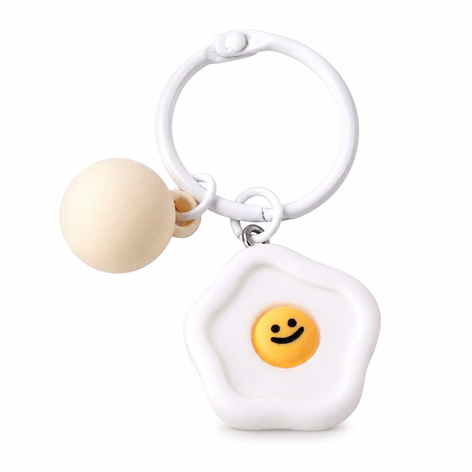 Sleutelhanger wit met gele smiley, ronde ring en bolvormige kraal, ca. 6 cm, 1 set per verpakking