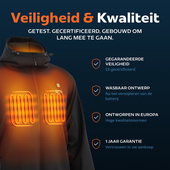 Zwarte jas met gloeiend verwarmingselement. Veiligheid & Kwaliteit: CE-gecertificeerd, wasbaar, ontworpen in Europa, 1 jaar garantie.