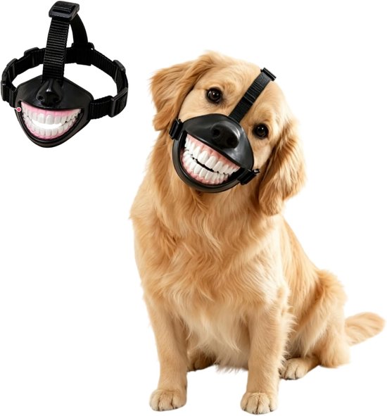 Golden Retriever met zwarte muilkorf met een grappig menselijk glimlachontwerp met tanden.