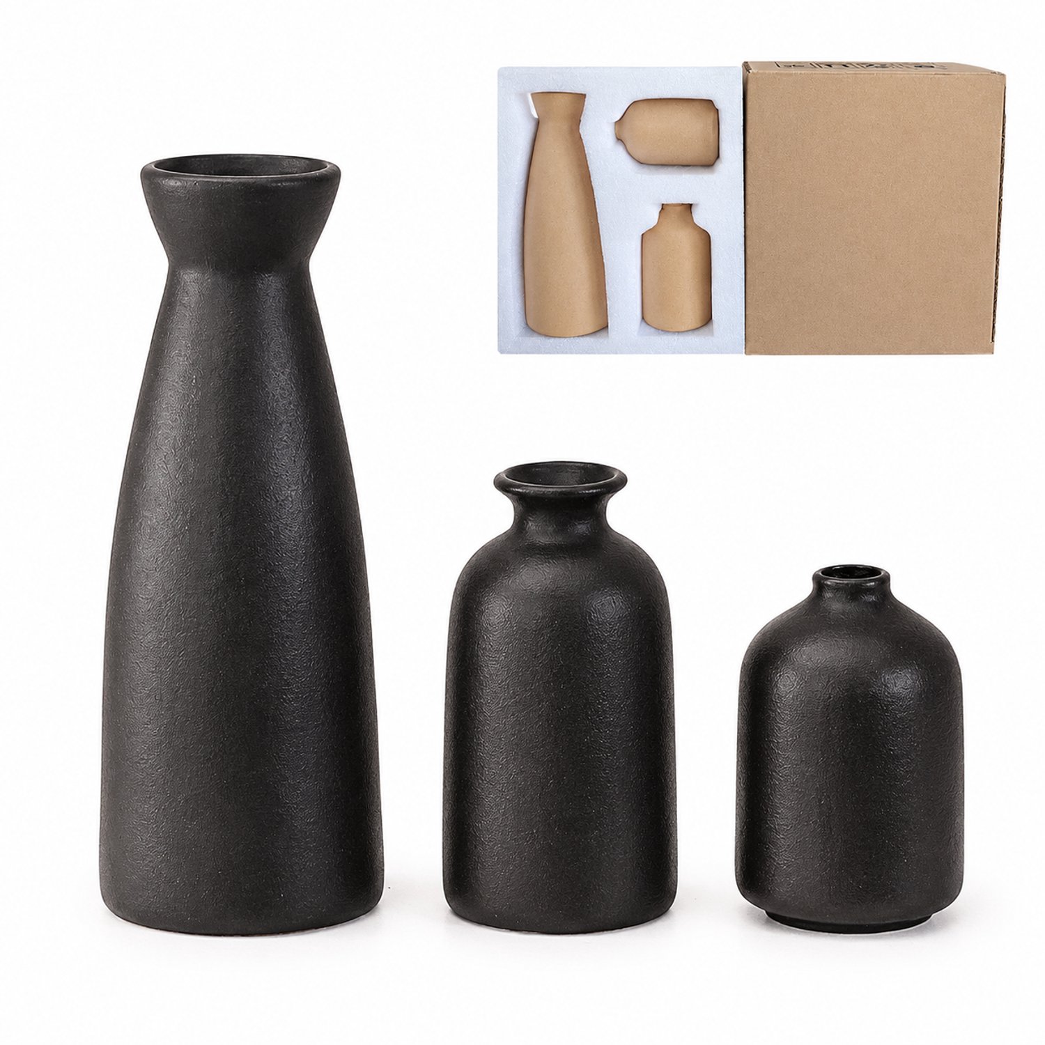 SWGOTA Zwarte keramische vazenset, 3 stuks, hoogtes 22/12,5/9,5 cm, slanke en ronde vormen, met beschermschuim en binnendoos