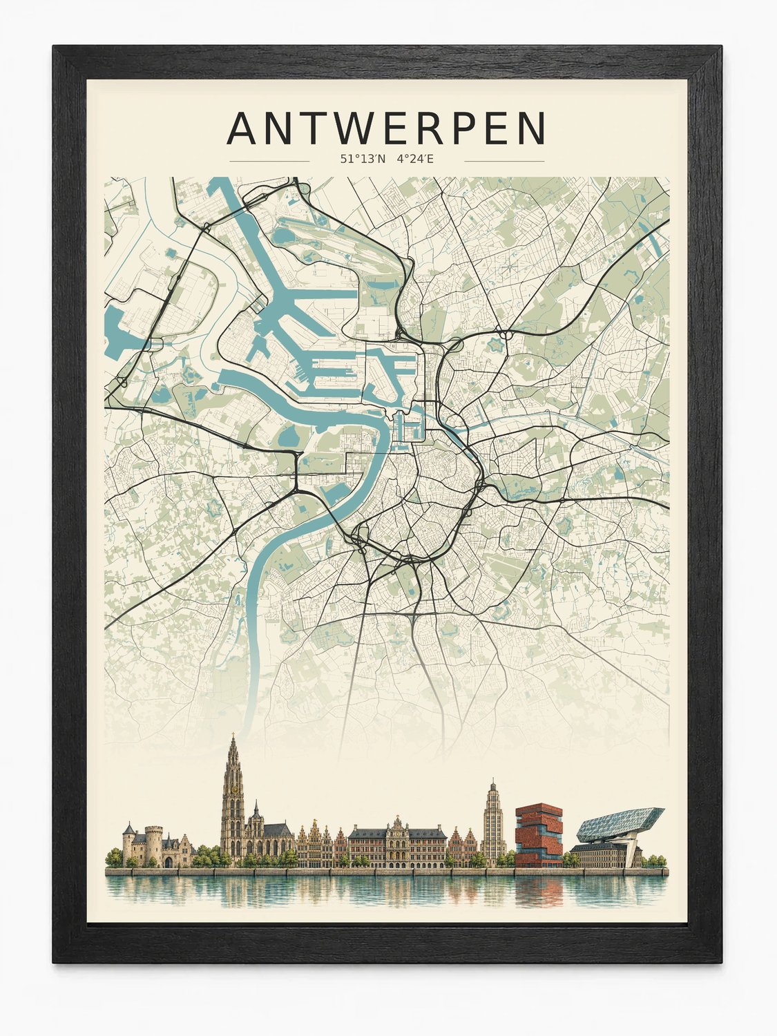 Antwerpen Poster | Stadskaart met Skyline | Stadsposter | Inclusief Zwarte A3 Lijst