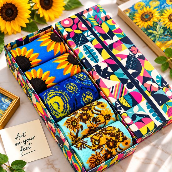 Cadeauset met 5 paar kunstsokken in een kleurrijke doos, met tekst 'Art on your feet'.