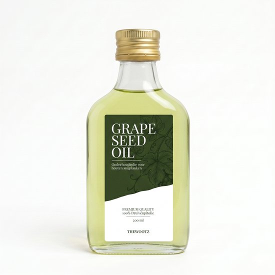 Fles druivenpitolie van 200 ml met een goudkleurige dop en een groen-wit etiket met botanische illustratie.