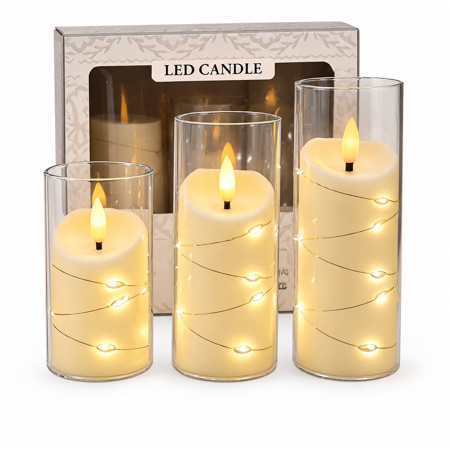 SWGOTA led kaarsen, set van 3 met decoratieve lichtsnoeren, schuine bovenkant en transparante omhulsels, inclusief batterijen, in bedrukte doos Theebruin