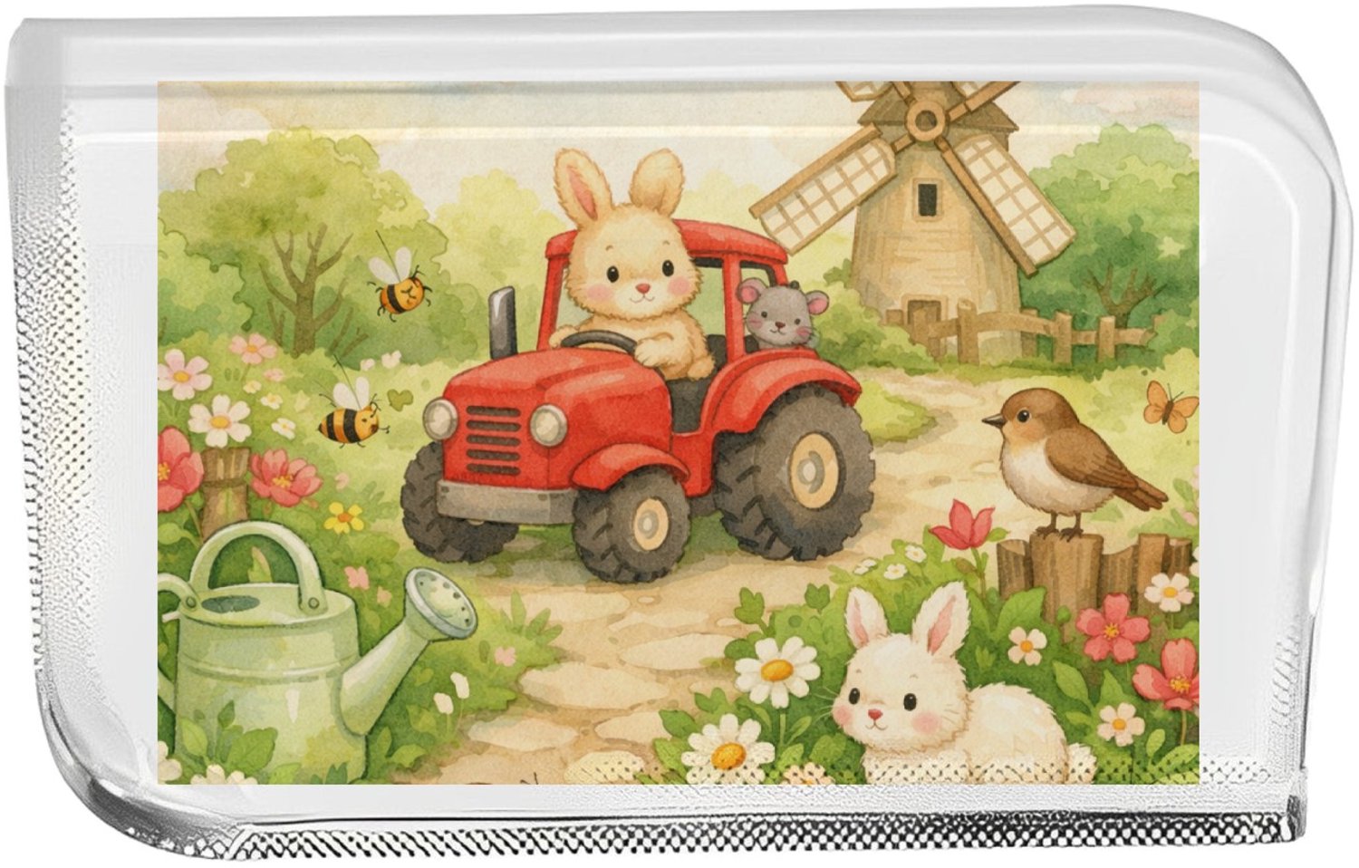 Mr Cadeautjes Fotokristal trofee 15 x 10 - design Een vrolijke tuinscène met een gieter, bijen, bloemen en kle | cadeau Wit