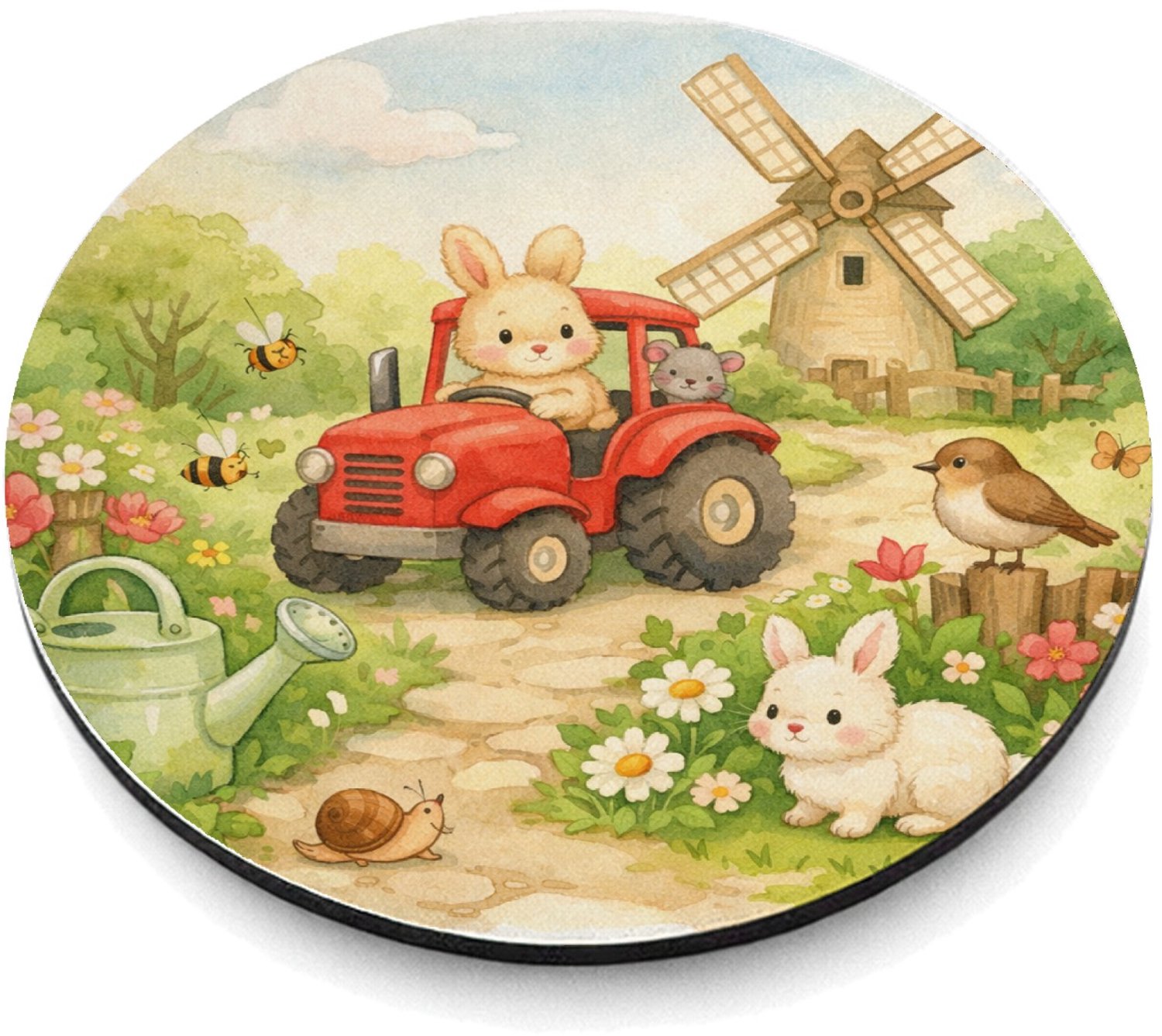 Mr Cadeautjes MDF magnetische fotolijst rond Ø 9,5 - design Een vrolijke tuinscène met een gieter, bijen, bloemen en kle | cadeau Wit