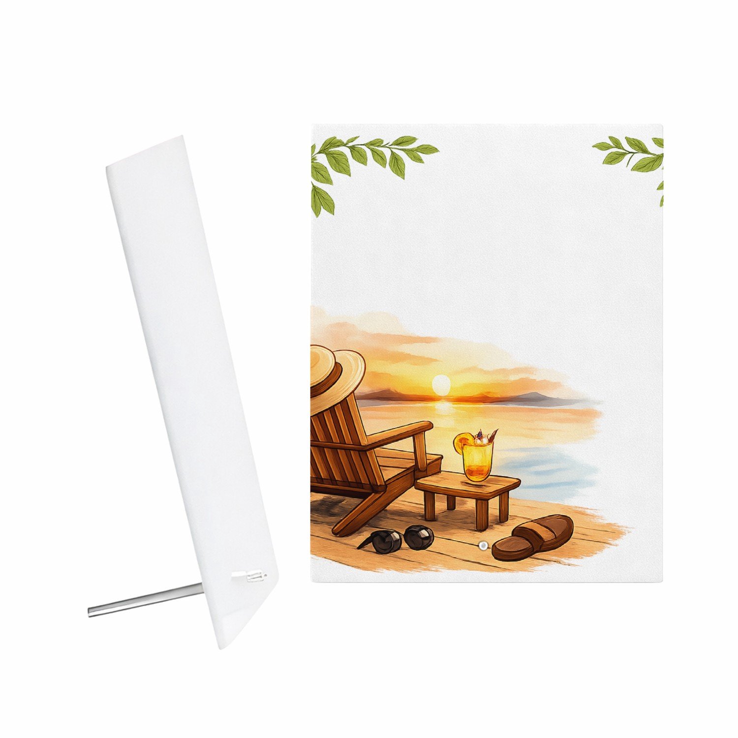 Mr Cadeautjes Glazen fotopaneel Een vrolijke vrije-tijdsscène in een ligstoel op het strand - 15 x 20 cm, staand - glas, decoratie, wanddecoratie | cadeau Wit
