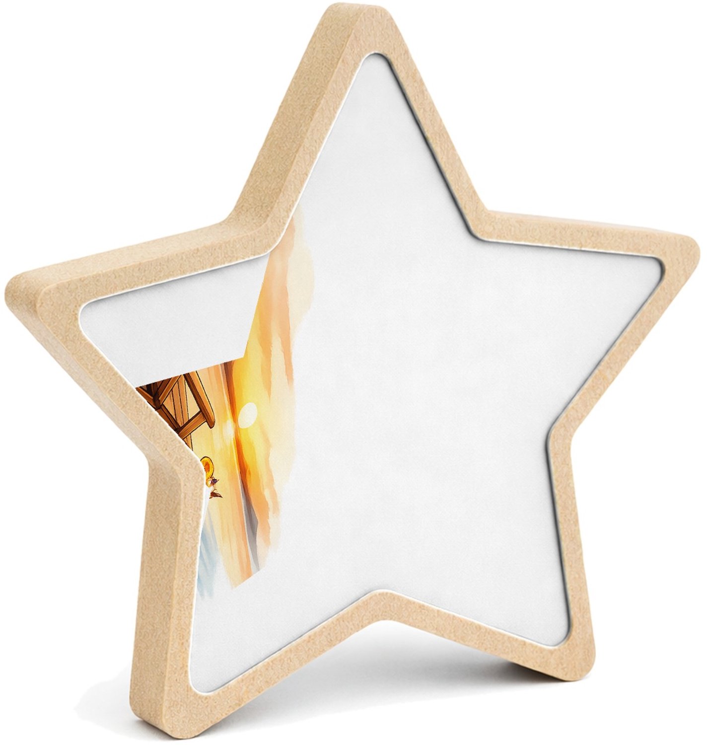 Mr Cadeautjes MDF fotolijst ster 14 x 13,5 - design Een vrolijke vrije-tijdsscène in een ligstoel op het strand | cadeau Wit